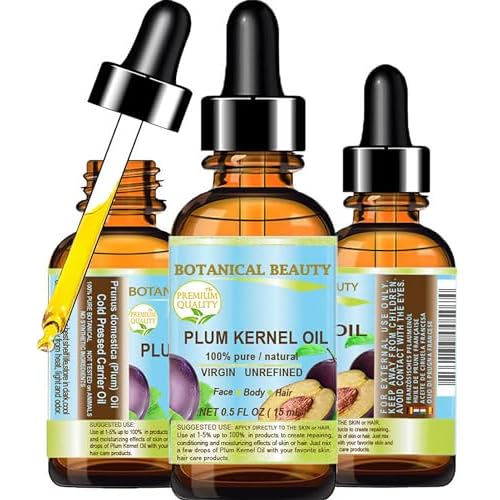 Botanical Beauty French PLUM KERNEL OIL 100% Pure Natural Virgin Unrefined Cold Pressed Carrier Oil 0.5 oz- 15 ml for Face, Skin, Hair, Lips, Nails. Skin SuperFood. Face moisturizer Oil