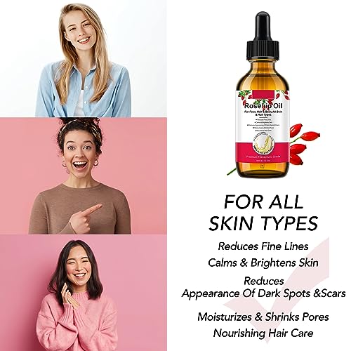 Rosehip Oil for Face, Rose Hip Oil Organic 100% Pure Cold Pressed for Anti-Aging, Nourishing Hair Care, Face & Skin (2.02 Fl Oz (Pack of 2))