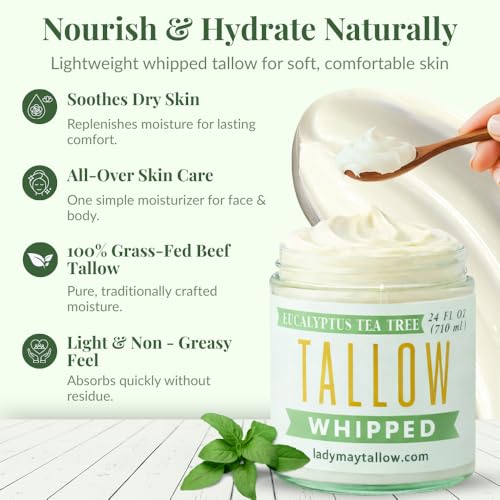 Whipped Tallow 24oz - All Natural Face Cream + Whole Body Moisturizer for Dry Skin - Made With Eucalyptus Oil - No Preservatives, Parabens or Seed Oils -USA Made (Eucalyptus Tea Tree)