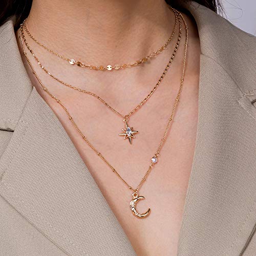 Boho Simple Gold Moon and Star Sequins Layered Necklace Dainty Pearls Chain Moon Pendant Long Necklaces Jewelry for Women