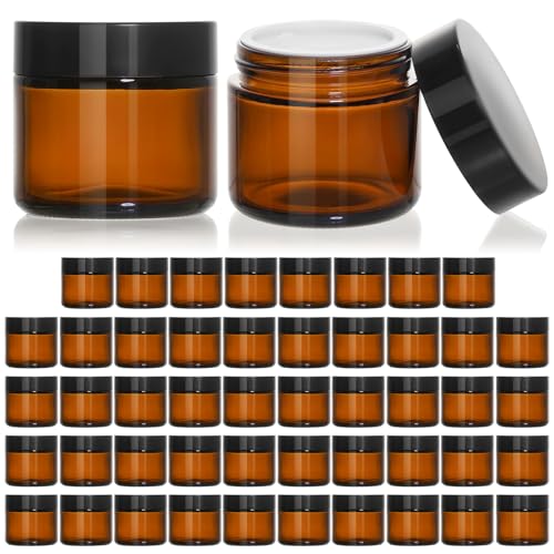 KEYWING 2oz Small Glass Jars with Black Lids, 48 Pack Amber Glass Cosmetic Jars, Round Empty Sample Container with Inner Liners for Lotions, Cream, Powders and Ointments