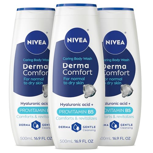 NIVEA Derma Comfort Caring Body Wash for Normal to Dry Skin, Body Wash with Hyaluronic Acid and Provitamin B5, 16.9 Fl Oz Bottle, Pack of 3