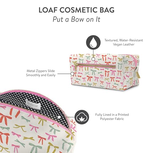 Studio Oh! Loaf Cosmetic Pouch - Makeup Organizer for Travel Size Toiletries - Metal Zippered Pouch Closes Securely - Water Resistant Vegan Leather - Put a Bow On It Loaf