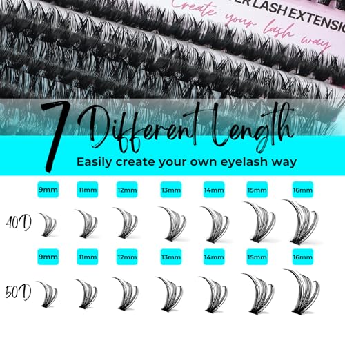 Lash Extension Kit DIY 280pcs Individual Lash Clusters Eyelash Extension 40D 50D D Curl Clusters with Bond, Seal, Applicator, Remover for Self Application (DIY Lash Extension Kit-40D+50D)