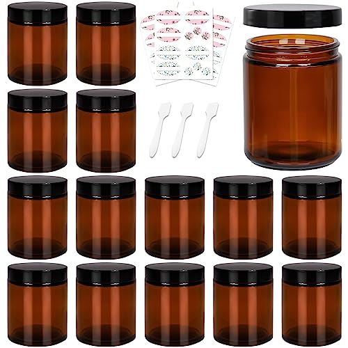 Keketin 8 oz Amber Glass Jars,16 Pack Empty Cosmetic Containers with Inner Liners and Black Lids,Refillable Round Cream Jars for Lotion,Ointments,Bath Salts,Makeup,Slime and Travel