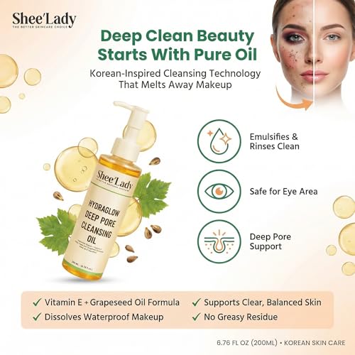 Shee'lady Hydraglow Deep Pore Cleansing Oil, limpiador facial en aceite ? Best Cleansing Oil for Face, Blackhead & Makeup Remover Korean Skin Care, 6.76 fl oz (200ml)