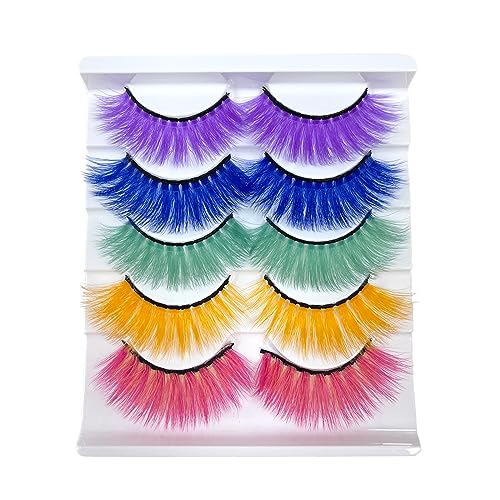 Colored False Lashes 3D Faux Mink Fake Eyelashes Fluffy, Halloween Party Makeup Tools 17-20mm 5 Pairs Colorful Pink Lashes Pack (Five colours)