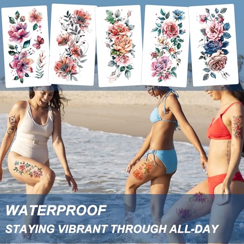 21 Sheets Large Temporary Tattoos Flower Paper Sexy Body Tattoo Sticker for Women & Girl Fake Tattoo (Lily, Peach, Plum, Peony)