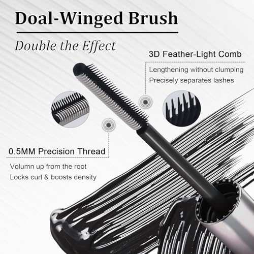 Feather Lash Iron Wand Mascara, Dual-Wing Brush, Metal Wand & Precision Comb, Fiber-Infused 3D Curling Volume & Length, Waterproof, Clump-Free & Smudge-Proof, for All Lash Types (Black)