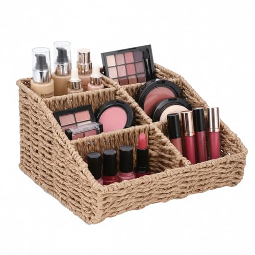 Makeup Organizer, Hand-woven Wicker Basket for Dresser Vanity and Bathroom Countertop, 6 Compartment Skincare Organizer Cosmetic Display Case, Beauty Holder for Lipstick Brush Eyeshadow Palette