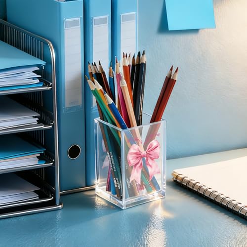 God's Plan is Worth The Wait Acrylic Cosmetic Holder, Pink Bow Clear Makeup Brush Holder Countertop, Storage Box for Makeup, Christian Bible Verses Birthday Gifts for Women Girlfriend Her