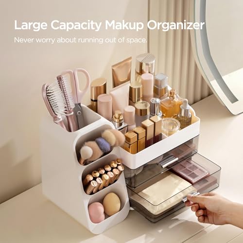 HBlife Makeup Organizer with Brush Holder for Vanity, Large Plastic Bathroom Countertop Organizer Skin Care Storage, Easy to Store Lipsticks, Nail Polishes, Perfumes, Eyeshadow Palettes, White
