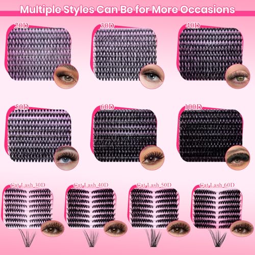 Lash Clusters Kit Eyelash Clusters Kit Cat Eye Lashes Large Pack Cluster Eyelash Extensions Lash Extension Kit Pesta?as Postizas Naturales with Lash Bond&Seal,Remover,Tweezers,Cleanser(Lash Kit-5)