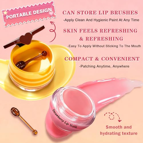 AWCCXMYM 4 PCS Bee Lip Balm Honey Pot Hydrating & Preventing Dry Honey Balm Lip Balm Honey, Strawberry, Collagen, Chocolate Moisturizing Lip Sleeping Mask with Sticks