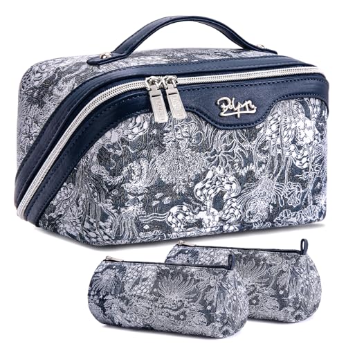 BOYATU Travel Makeup Bag for Women: Large Capacity Make up Bag with Compartments - Vegan Leather Cosmetic Bag set of 3 - Waterproof Toiletry Bag with Handle & Divider(E-3-Blue)
