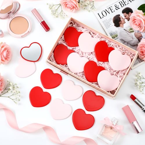 Weysat 50 Pcs Heart Compact Mirror Bulk for Purse Valentine Gifts Red Pink Mini Magnifying Small Pocket Folding Mirror for Women Travel Makeup Cosmetic Portable Accessory