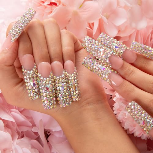 LOVFUL Press on Nails Angel's Tear Rhinestone | Handmade with Full Covered Crystals | Reusable Fake Nails | Square Mid length 1.7in | H48-M