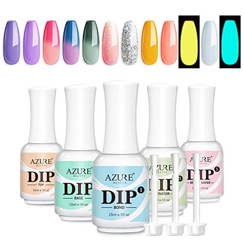 AZUREBEAUTY 10 Colors Dip Powder Starter Kit Fluorescent and Changing Dipping Powder System Essential Kit with 5pcs Dip Powder Gel Liquid Set, including Bond,Activator,Base,Top,Brush Saver 0.5oz