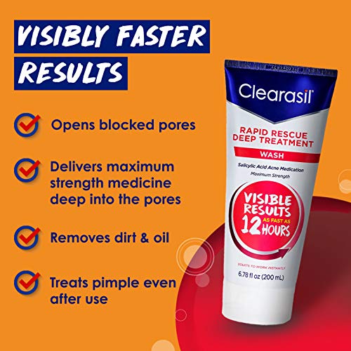 Clearasil Rapid Rescue Deep Treatment Acne FaceWash, Maximum Strength with 2% Salicylic Acid Acne Medication, AcneFacial Cleanser, 6.78 fl oz (Pack of 3)