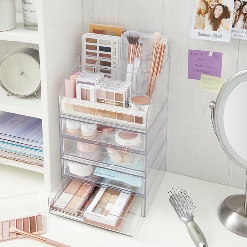 STORi Chloe Stackable Clear Makeup Holder and 4 Drawer Bundle | Organize Cosmetics and Beauty Supplies | Made in USA