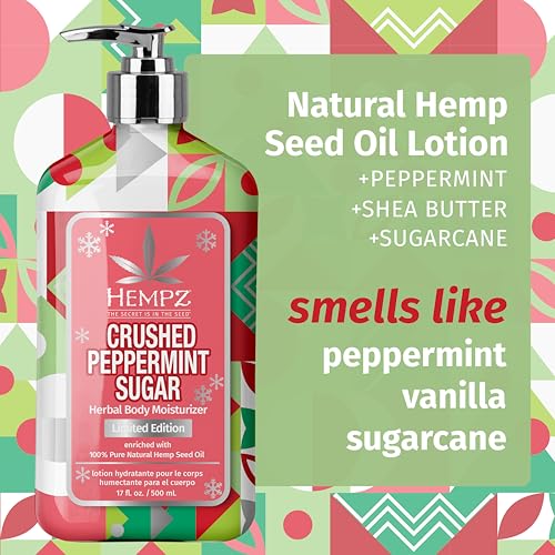 Hempz Crushed Peppermint Sugar Body Lotion, Moisturizer for men and women, Holiday Gifts, 17 oz