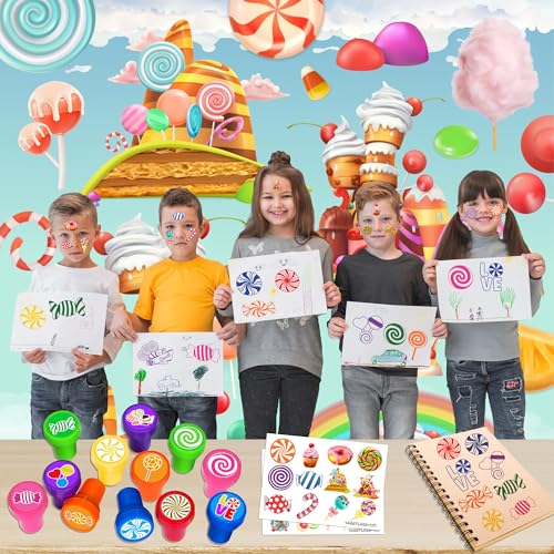 36PCS Candyland Party Favors - 24PCS Temporary Tattoos & 12PCS Stamps - Ideal Sweet Candy Themed Birthday Card Decorations Supplies Goodie Bag Cute Rewards for Boys Girls Classroom Gifts Baby Shower