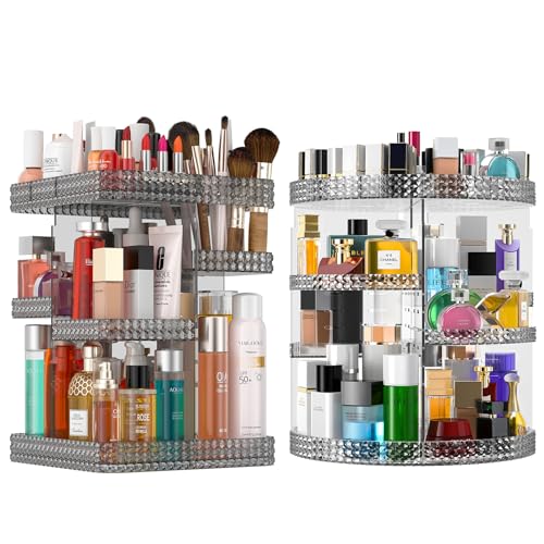 Makeup Organizer 360 Rotating Cosmetic Organizer, 2PCS DIY Adjustable Makeup Carousel Spinning Holder Rack, Large Capacity Cosmetic Display Cases Vanity Countertop Fits Makeup Brushes Lipsticks (Grey)