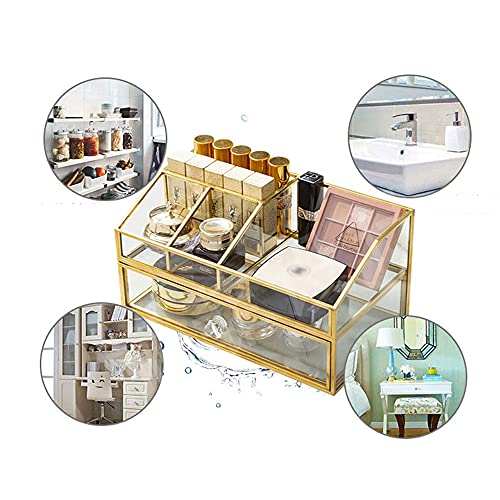 YUEHUA Glass Makeup Organizer, Clear Makeup Brush Organizer Jewelry Display Box, Gold Makeup Nail Polish Lipsticks Eyeliners Holder Organizer for Vanity Bathroom Office