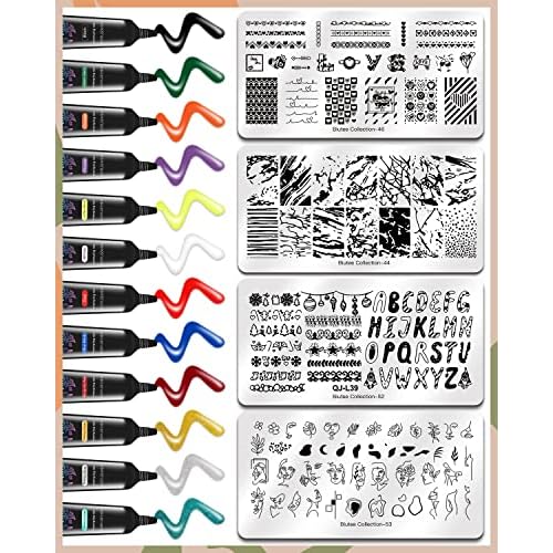 SEISSO 12 Colors Nail Stamping Polish Gels+5Pcs Stamp Print Templates+1 Peel Off Nail Tape Stamp Latex+1 Stamper with Scraper, Stamping Nail Polish Art Set Manicure Gift Collection