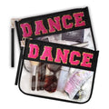 2PCS Dance Makeup Bag Ballet Competition Accessories Chenille Letter Preppy Patch Cosmetic Bag Flat Clear Toiletry Waterproof Zipper Pouch for Women Teacher Appreciation Gifts (Black)
