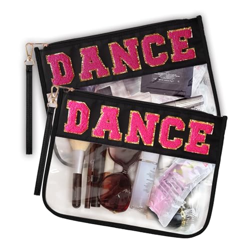 2PCS Dance Makeup Bag Ballet Competition Accessories Chenille Letter Preppy Patch Cosmetic Bag Flat Clear Toiletry Waterproof Zipper Pouch for Women Teacher Appreciation Gifts (Black)