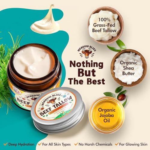 Beef Tallow for Skin - Moisturizer Cream - 100% Grass Fed - Whipped Beef Tallow - Organic Jojoba Oil - Organic Shea Butter - Supports Eczema, Rosacea - Made in USA - Unscented - 2 oz