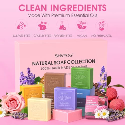 SHVYOG Natural Soap Bar Gift Set, 6PCS Soap with Organic Ingredients & Essential Oils, Cleanses & Softens Skin, Moisturizing, Gifts for Women, Body Wash & Face - 100G*6