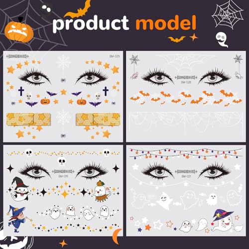 Halloween Face Temporary Tattoos for Kids 12 Sheets Day of the Dead Pumpkin Spider Bat Ghost Tattoo Stickers Cute Face Makeup Decals for Halloween Party Decorations