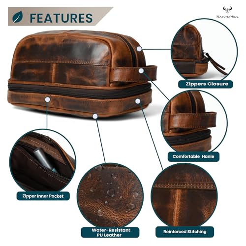 Leather Toiletry Bag ? Full Grain Cowhide, Travel Kit with Brass Zipper & Wax Thread Stitching Capacity 1L