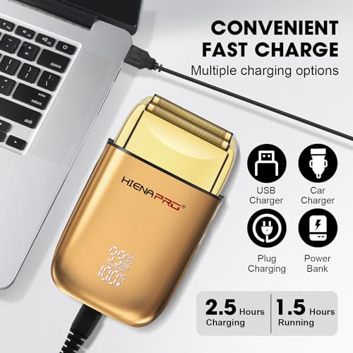HIENA PRO Foil Shaver for Men Barber, Double Electric Foil Trimmer, Professional Electric Razor, Close Shaver, Cordless Rechargeable with USB, Detachable Design, LED Display, Gold