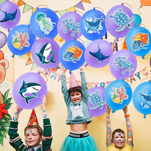 72 PCS Ocean Party Favors for Kids ? 48 Pre-Cut Temporary Tattoos & 24 Ocean Punch Balloons Themed Birthday Party Decorations Supplies Favors Gifts, Goodie Bag Fillers, Classroom Rewards