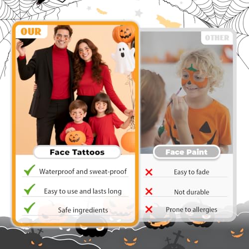 Halloween Freckles Face Tattoo, 12PCS Ghost Pumpkin Spider Bat Kids Temporary Tattoos, Women's Face Stickers for Day of the Dead, Halloween, Party Makeup