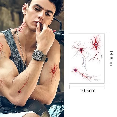 6 Sheets Temporary Tattoos Stickers Blood Vessel Scar Wound Realistic Waterproof Women Man Body Face Arm Collarbone Leg Body DIY Art Decoration Accessories