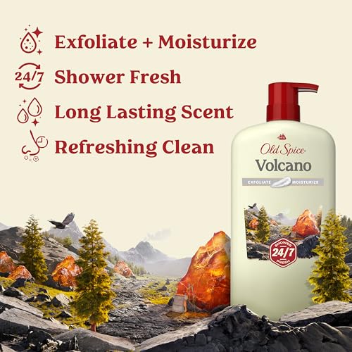 Old Spice Cleansing Body Wash for Men, 24/7 Shower Fresh with Lasting Scent, Exfoliate & Moisture, Gentle on Skin, Vitamin B3, Volcano with Dark Cedar + Amber Scent, 30 oz