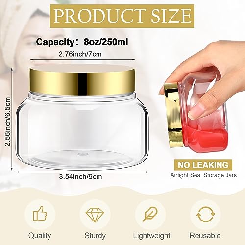 Mumufy Round Plastic Containers Plastic Jars with Lids Empty Travel Containers for Creams Refillable Cosmetic Jars for Lotions Body Scrub Body Butter(8 oz,Gold,Clear,24pcs)