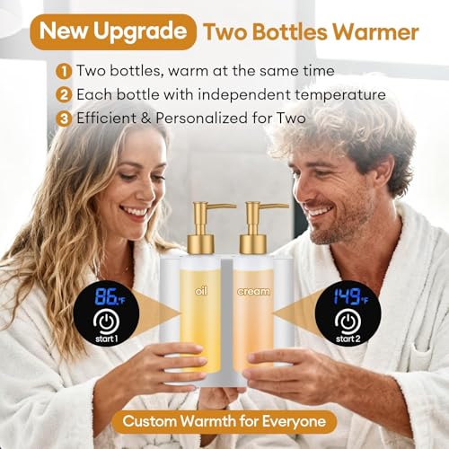 Massage Oil Warmer Heater with 4 Massage Oil Bottles and 2 Funnels,Adjustable Temp (86?149¡ÆF)&Timer (0.5?24H) Lotion Warmer,Dual Bottle Heated Oil Dispenser for Spa, Salon & Home Use(Silver)