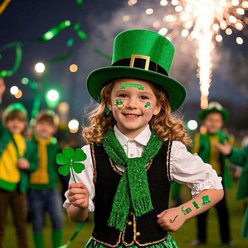 10 Sheets St Patrick's Day Tattoos,Temporary Tattoo Shamrock Assorted Face Body Sticker,for Saint Patrick's Day Decoration Irish Clover Themed Party Supplies