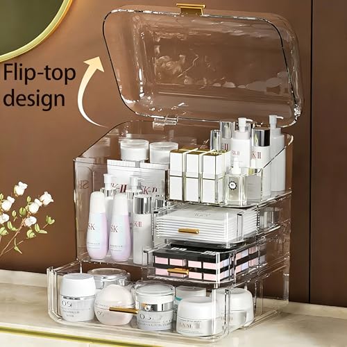 Luxury Makeup Organizer with 3 Drawers & Dustproof Flip Lid, Large Capacity Cosmetic Display Case for Vanity, Clear Countertop Skincare Storage with 6 Lipstick Slots