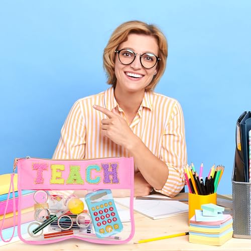 Kacctyen 6 Pcs Teach Bags Chenille Letter Clear Zipper Makeup Bags Teacher Appreciation Gifts Cosmetic Travel Pouch with Handle Gift for Teacher Retirement Women Thanksgiving day Christmas, Multicolor