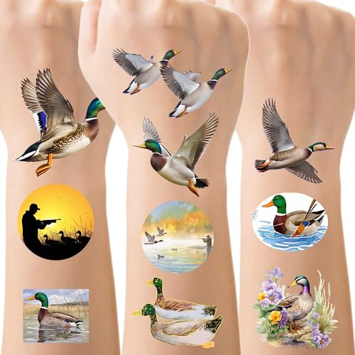 160 PCS Mallard Duck Themed Tattoos Temporary Stickers One Lucky Duck Baby Shower Duck Hunting Birthday Party Favors Supplies Decorations Goodie Bag Tattoos(24 Sheets)