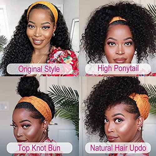10 Inch Curly Headband Wig Human Hair Natural Color Glueless Headband Wigs for Women None Lace Front Wigs With Headband Attached Human Hair Wigs