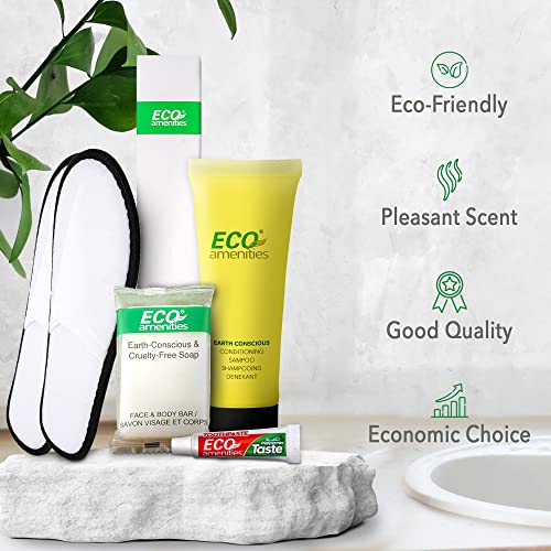 ECO amenities Bulk Hotel Toiletries Set - Travel Toothbrush Set - Cruelty-Free Shampoo & Conditioner - Bar Soap Bulk & Closed-Toe Slippers - 140 Pieces, 30ml Shampoo, 14g Soap, Green Tea