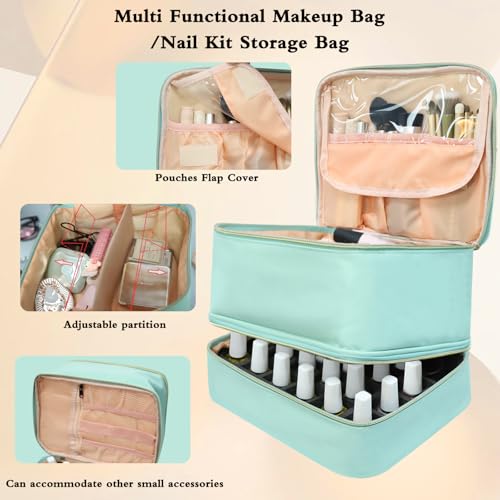 Nail Polish Organizer Bag, Double-Layer Nail Supplies Organizer Holds 30 Bottles & Nail Lamp, Professional Nail Kit Storage Make up Carrying Case (Green)