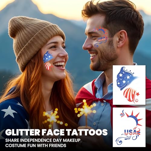 EMOME 4th of July Decorations, Independence Day Glitter Faux Freckles Face Tattoos with Red White Blue Face Gems, Patriotic Stickers Makeup Accessories for Fourth of July, Memorial Day, Labor Day